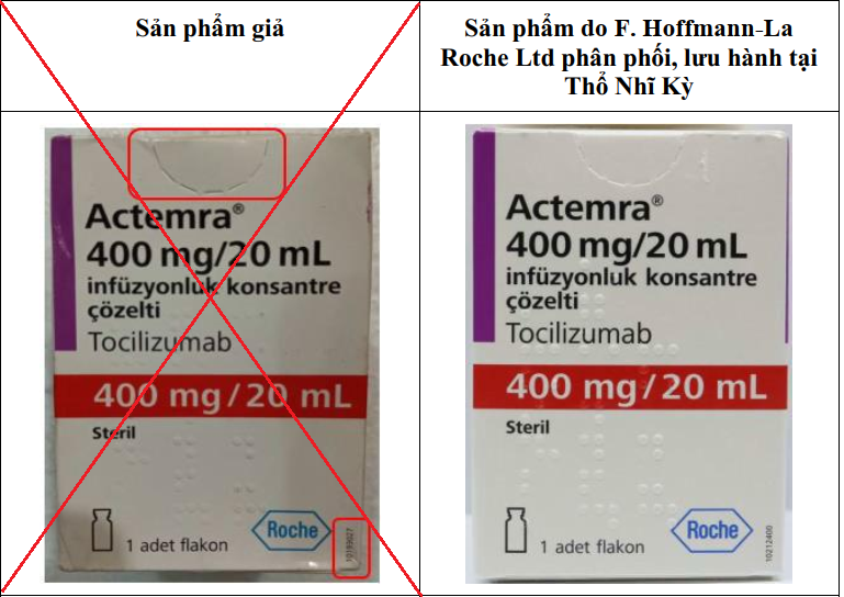 Cảnh báo thuốc giả Actemra® 400 mg/20 mL, số lô B2101B32, chưa đăng ký lưu hành tại Việt Nam